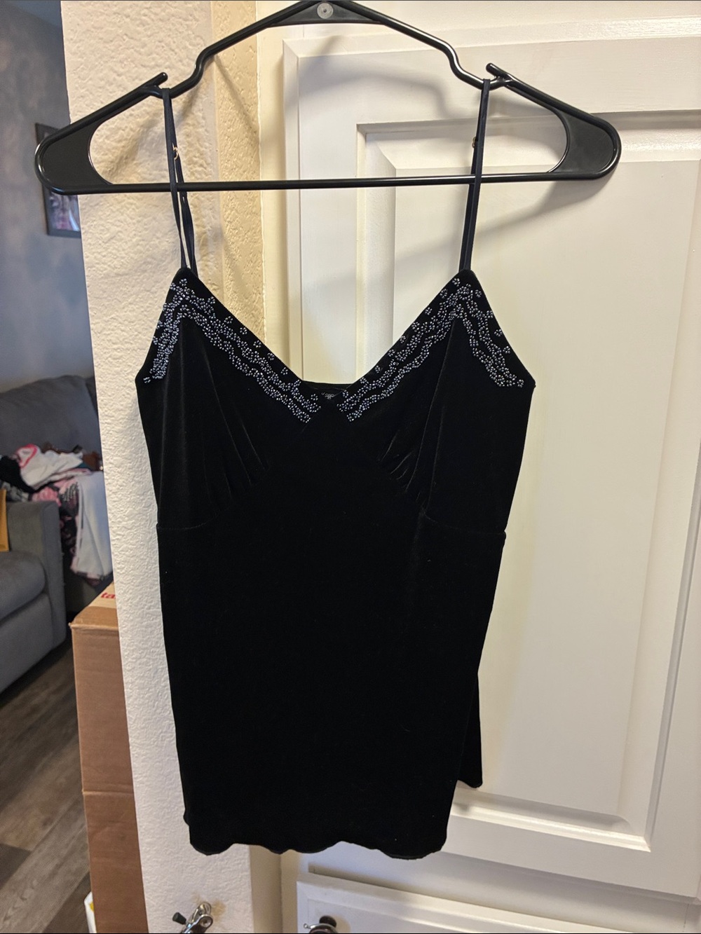 Karen Kane vintage black velvet tank w/ beaded neckline trim